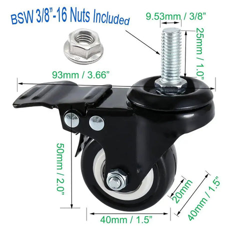 Close-up of heavy duty four pack swivel stem caster with 1.5 inch non marking polyurethane wheels, 330 lbs capacity, and 3/8-16 x 1 stem