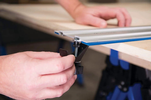 Close-up of Two Track Clamps With Non Slip Grip For Track Saws, Professional Grade Woodworking Clamp For T Slot Tracks, Model KMA7520