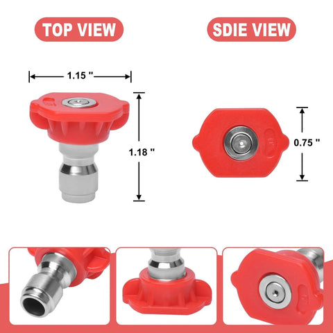 Zero Degree Red Stainless Steel Pressure Washer Nozzle Tips Set One Quarter Inch Quick Connect Orifice Three Point Zero For 2500 3000 3500 4000 PSI Heavy Duty Pack Of Six By Podoy, top and side view dimensions