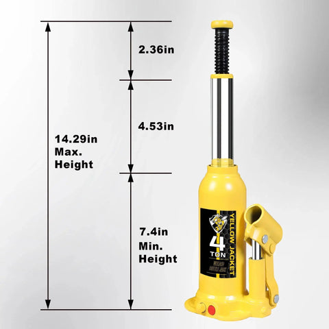 4 Ton Multi Directional Welded Bottle Jack With Carrying Case For Car Repair, showing yellow jack with height measurements.