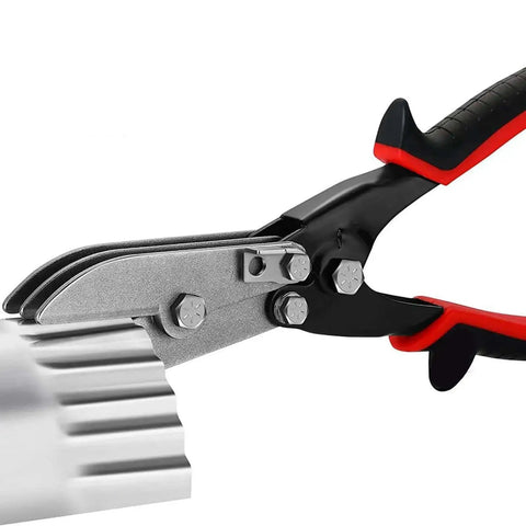 Five Blade Sheet Metal Crimping Tool For HVAC Pipes And Stove Vents, heavy duty hand crimper in action on metal, rubber handle
