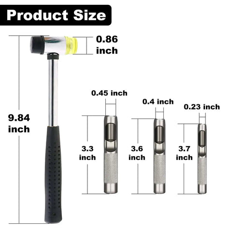 Product sizes of rubber hammer and punch tools in Heavy Duty Hand Press Grommet Kit With Punch Tool And Rubber Hammer Includes 3 Dies 0 2 4 And 3000 Silver And Gold Grommets For Fabric Curtains Banners Bags Leather Craft DIY Projects Pro Grade displayed