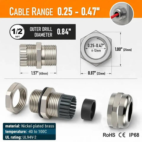 Half Inch NPT Brass Cable Gland Metal Cord Grip Strain Relief Two Pack with dimensions and components shown
