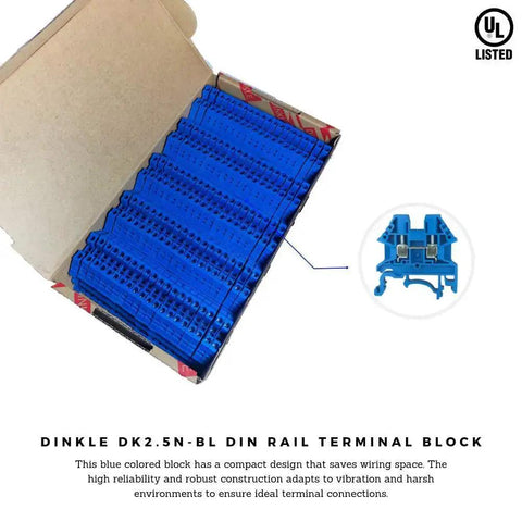 Pack of 100 Blue DK2.5N-BL DIN Rail Terminal Block Screw Type With UL 600V 20A 12-22AWG High Reliability Compact Wire Space Saver