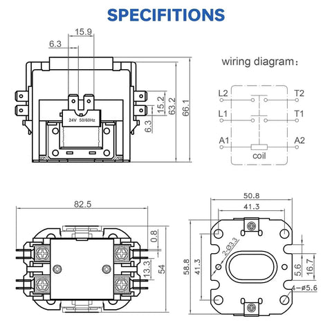 Technical diagram of Two Pole 40 Amp 24 VAC Definite Purpose Contactor for your AC unit condenser and compressor with measurements.