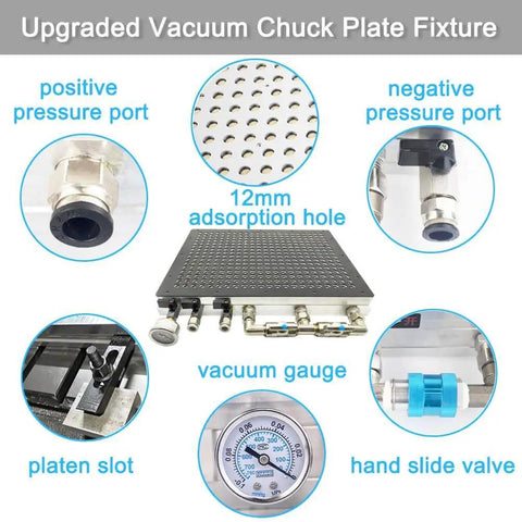 Upgraded Vacuum Chuck Plate with ports, 12mm adsorption holes, vacuum gauge, and hand slide valve for CNC machining.