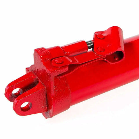 Close-up of red 8 Ton Hydraulic Ram Jack with Single Piston Pump for Engine Hoists and Cranes, showing detailed connection points.