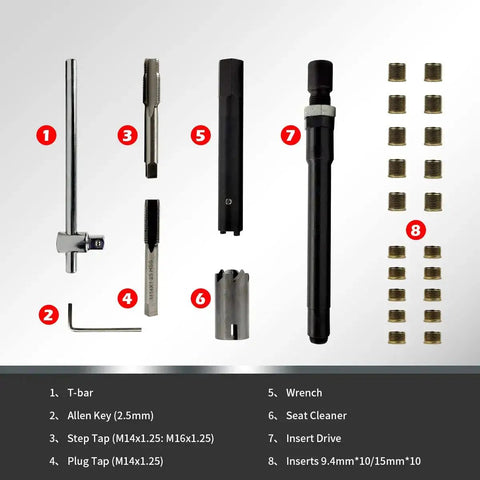M14x1.25 Spark Plug Thread Repair Kit With 9.4mm And 15mm Inserts, 20 Pieces, tools and inserts displayed, in storage case