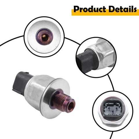 Brake fluid pressure sensor with metal cylindrical body, threaded port, and multi-pin plug; shown from front and side views.