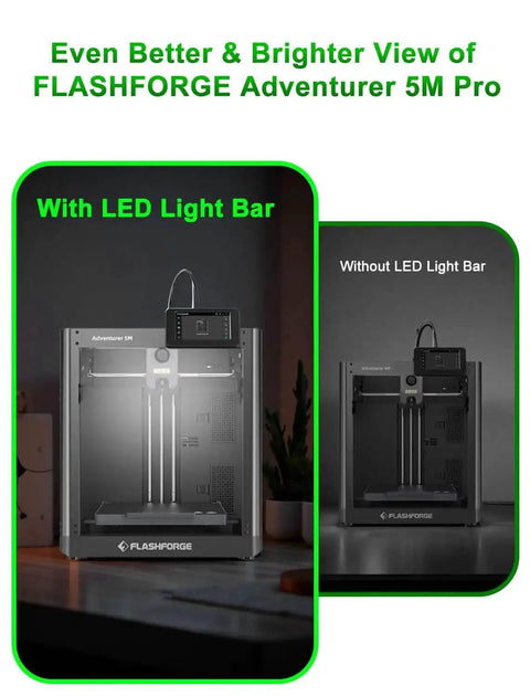 Comparison of Adventurer 5M Pro printer with and without Lit 24V LED Light Kit For Adventurer 5M And 5M Pro 3D Printers With 7 Lamp Beads