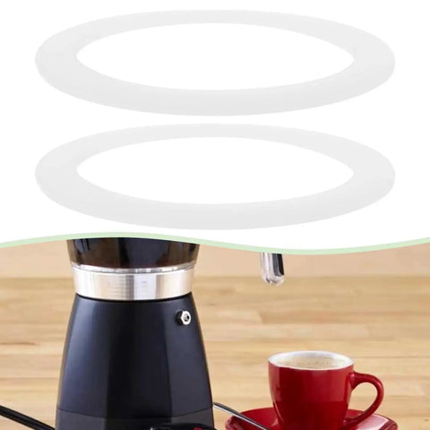 Stovetop Espresso Maker Silicone Gasket Six Pack Replacement Seal Ring Compatible With Bialetti Moka Express 9 Cup Imusa 9 Cup Pots And BC 9 Cup Models Durable Coffee Pot Gasket Set visible with espresso maker and cup of coffee
