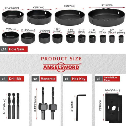 Remodel Ready 24 Piece Hole Saw Kit With 14 Blades From Three Quarter Inch To Six Inch For Drywall Wood Plywood Plastic And PVC