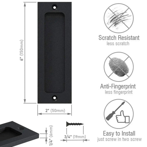 6 Inch Finger Flush Pull for Closet Pocket Doors and Sliding Barn Doors, Matte Black, Scratch Resistant, Anti-Fingerprint, Easy Installation