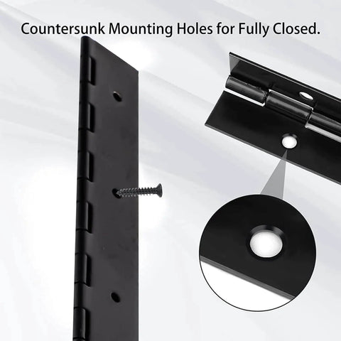 Close-up of Heavy Duty Piano Hinge Set 2 Pieces 8 Inch Black Stainless Steel 0.05 Inch Thick with counter-sunk holes and screw
