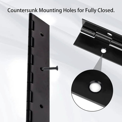 Two Pack Heavy Duty Piano Hinges 18 Inch Black Stainless Steel Continuous Hinges With 0.05 Inch Thickness and countersunk holes