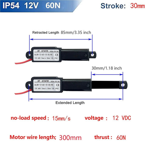 12V Mini Linear Actuator With 30mm Stroke, 60N Load, 15mm Per Second Travel, IP54 Waterproof With Waterproof Switch And Mounting Bracket