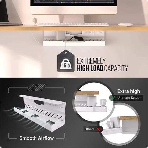 No Drill Cable Management Tray For Desks White Metal Wire Organizer With Huge Load Capacity shown under a desk
