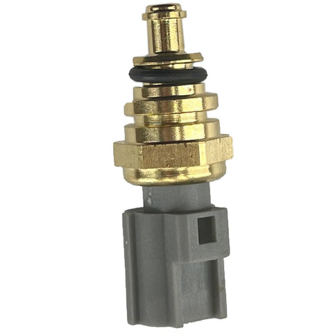 Engine coolant temperature sensor with brass body, gold finish, black O-ring, and gray plastic connector.
