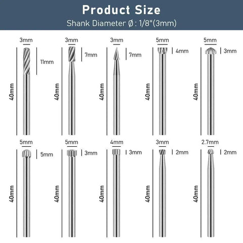 Diagram showing dimensions of 20 Piece HSS Router Bit Set For DIY Woodworking And Engraving, featuring various bit types and sizes.