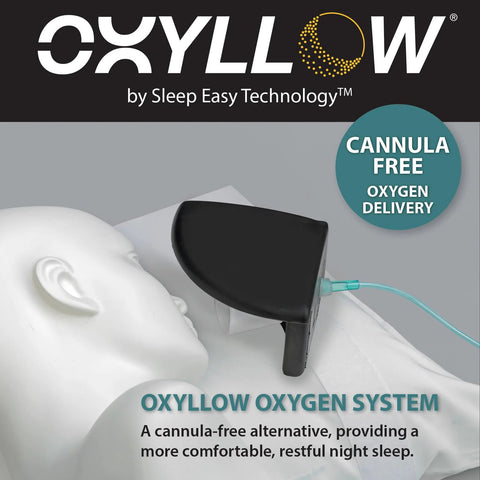 Oxyllow Premium Swivel Connector in black with teal tubing attached to a mannequin head for oxygen delivery