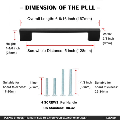 Diagram showing dimensions of 10 Pack 5 Inch Hole Center Brushed Nickel Cabinet Pulls Satin Nickel Hardware with screws included for installation