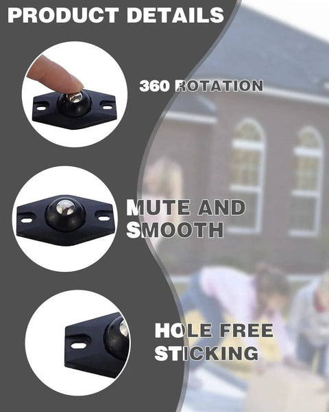 Self Adhesive Mini Casters showing 360-degree rotation and hole-free sticking for heavy boxes and kitchen appliances mobility.