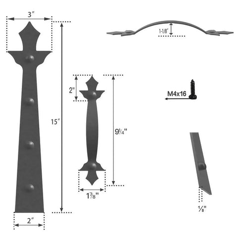 Dimensions of Screw Mounted Faux Garage Door Hardware Set with 4 Hinges and 2 Handles in Durable ABS Plastic