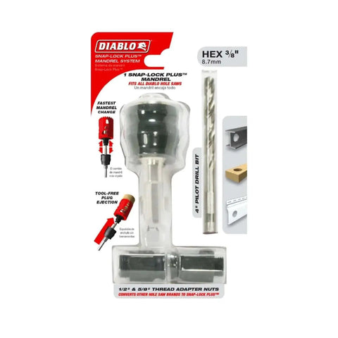 Front packaging view of Snap Lock Plus Mandrel System For Fast Hole Saw Mounting With Three Eighth Inch Hex Shank DHSAR375 Diablo.