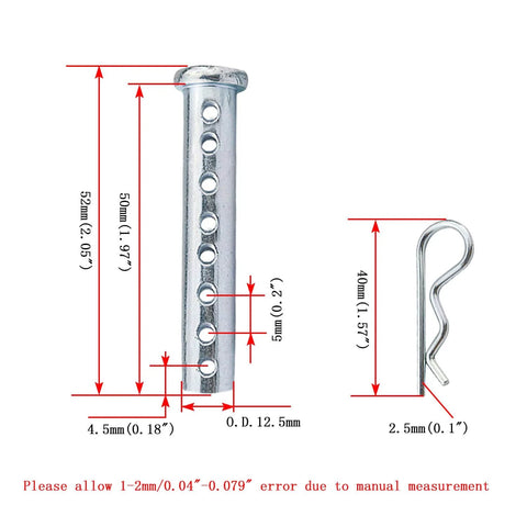 Adjustable Clevis Pin Set Half Inch By Two Inches Zinc Plated Steel With Eight Holes And R Clip, shown with dimensions.