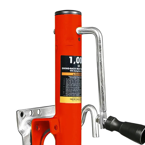 Close-up of 1000 Lb Trailer Tongue Jack with Wheel Bolt-On Adjustable 10.5 to 20.5 In, red body and metal handle.
