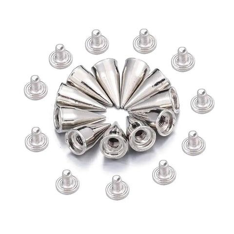 10 Screwback Studs 7x14mm Round Cone Spikes Zinc Alloy Rivets For Clothes Shoes displayed in a circle