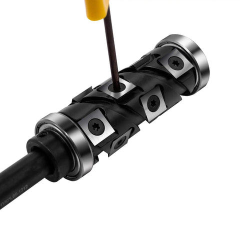 Close-up of a Spiral Flush Trim Router Bit, One Half Inch Shank, 65mm Cutting Length, 32mm Diameter, Top And Bottom Bearing, showing replaceable carbide inserts.