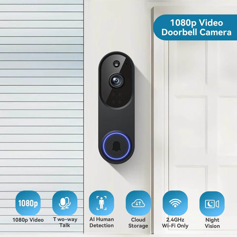 Doorbell Camera M52 installed on wall, showing design and features like 1080p HD, night vision, motion detection, and Wi-Fi connectivity.