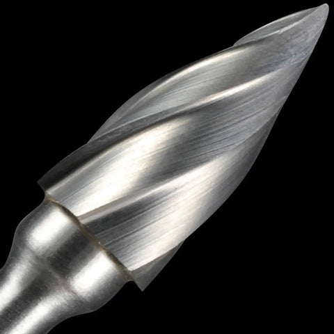 Close-up of a wide flute aluminum cut carbide burr bit for Dremel, part of a 10-piece set with a one-eighth inch shank by Sworker.