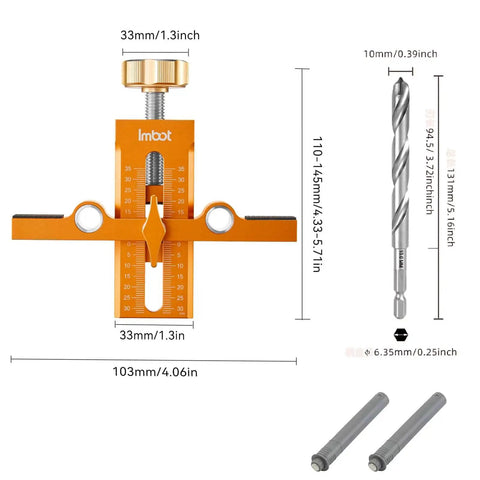 Cabinet Door Mounting Jig With Upgraded Dual Hole Locator, Aluminum Alloy Alignment Tool, dimensions displayed, drill bit included