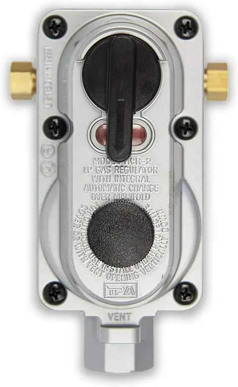 Front view of a dual tank RV propane regulator with 2 stage auto changeover for continuous gas supply on RVs, vans, and trailers.