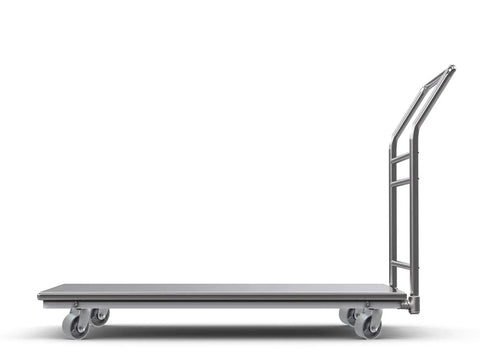Side view of a flatbed cart with heavy duty steel cast iron wheel swivel caster for tool box and workbench, industrial use.
