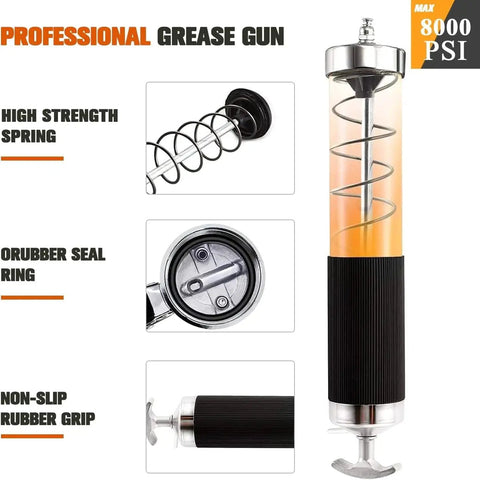Heavy Duty Pro Grade Grease Gun With Quick Release Coupler 8000 PSI Pistol Grip Kit features and components view