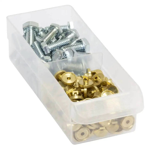 Clear Plastic Drawer Dividers Set 16 Pack For Small Cabinets And Tool Chests Create Custom Storage Inserts And Neat Small Parts Organizer Easy Access Screws Craft Supplies And Teacher Toolbox Essentials containing bolts and brass washers.