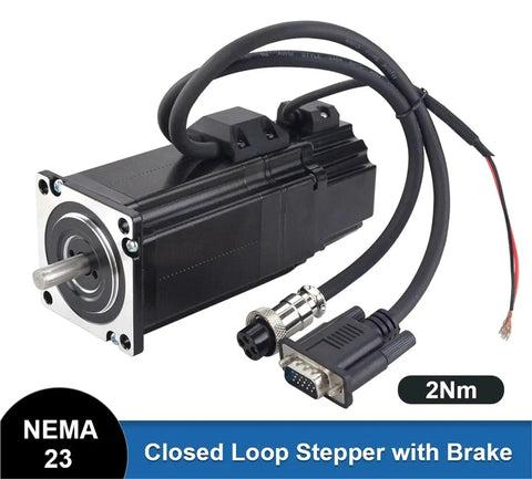 Front view of NEMA 23 closed-loop stepper motor with brake and encoder, 2 Nm, black body with multi-pin connectors