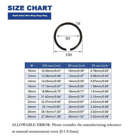 Size chart for 120Pcs GB895.2 Shaft Snap Ring Set 65Mn Steel Wire Retainer Clips with diameters from 10 to 26 mm.