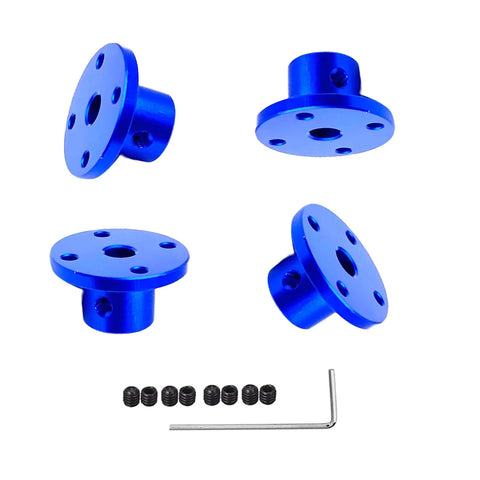 Four blue aluminum flange shaft couplings with 6mm bore, grub screws, and Allen wrench.