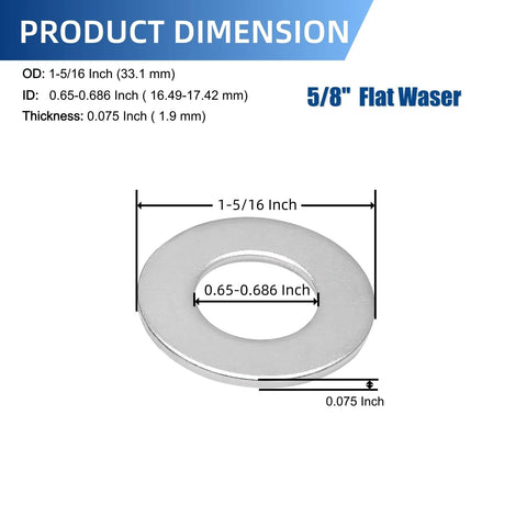 Flat washer, 5/8 in ID x 1-5/16 in OD, stainless steel 304, 0.075 in thick (angled view)