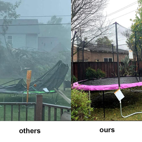 Trampoline with enclosure, pink safety pad; left shows damaged collapsed frame, right shows upright trampoline with enclosure posts.