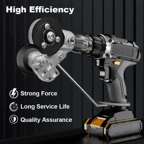 Front view: cordless drill with sheet metal cutting attachment for iron, aluminum, copper plates