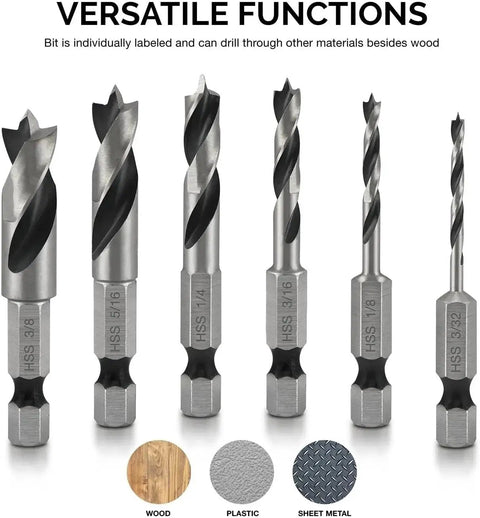 Six Piece Brad Point Drill Bit Set For Wood With Stubby Bits And 135 Degree Tip One Quarter Inch Quick Change Hex Shank HSS 4241 High Speed Steel Drill Bit Holder Included arranged against a white background with size markings visible.