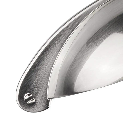 Close-up of 10 Pack 3 Inch Cabinet Cup Pulls In Brushed Nickel For Kitchen Cabinets And Furniture, showing satin nickel finish and screws