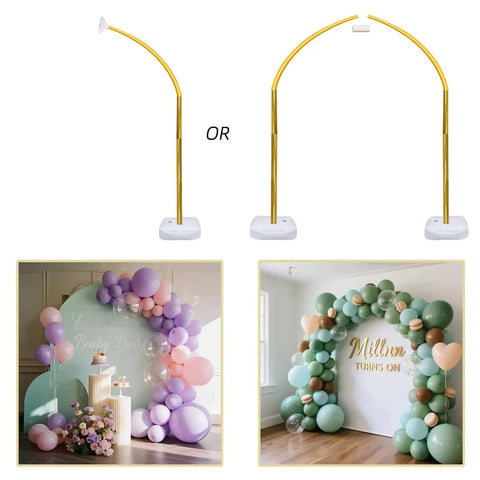 Bendable Balloon Arch Stand Kit 9ft And 5.6ft With Heavy Base Water Bag Gold displayed with colorful balloons for events.