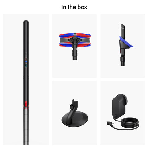 Dyson PencilVac cordless vacuum wand, black body with red latch and clear dust canister
Dyson PencilVac cordless floor head attachment, red and blue rolling brush, front view
Dyson PencilVac slim cleaning tool with blue bristles
PencilVac docking stand with circular base
PencilVac accessory stand, curved black arm on round base
PencilVac charging adapter with cord and plug