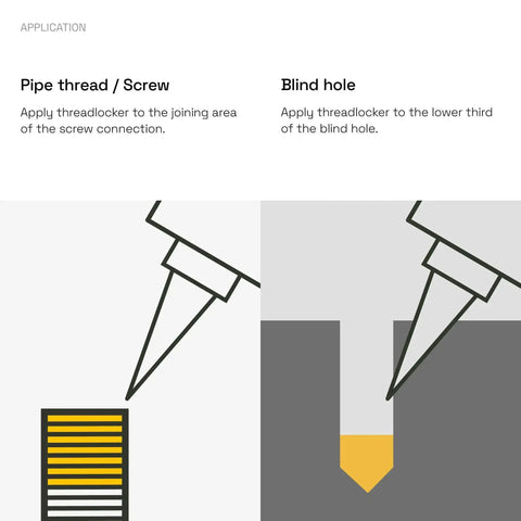 Illustration showing application of B577Eco Medium Strength Thread Sealant For Large Threads Works On All Metals 50ml on screw and blind hole.